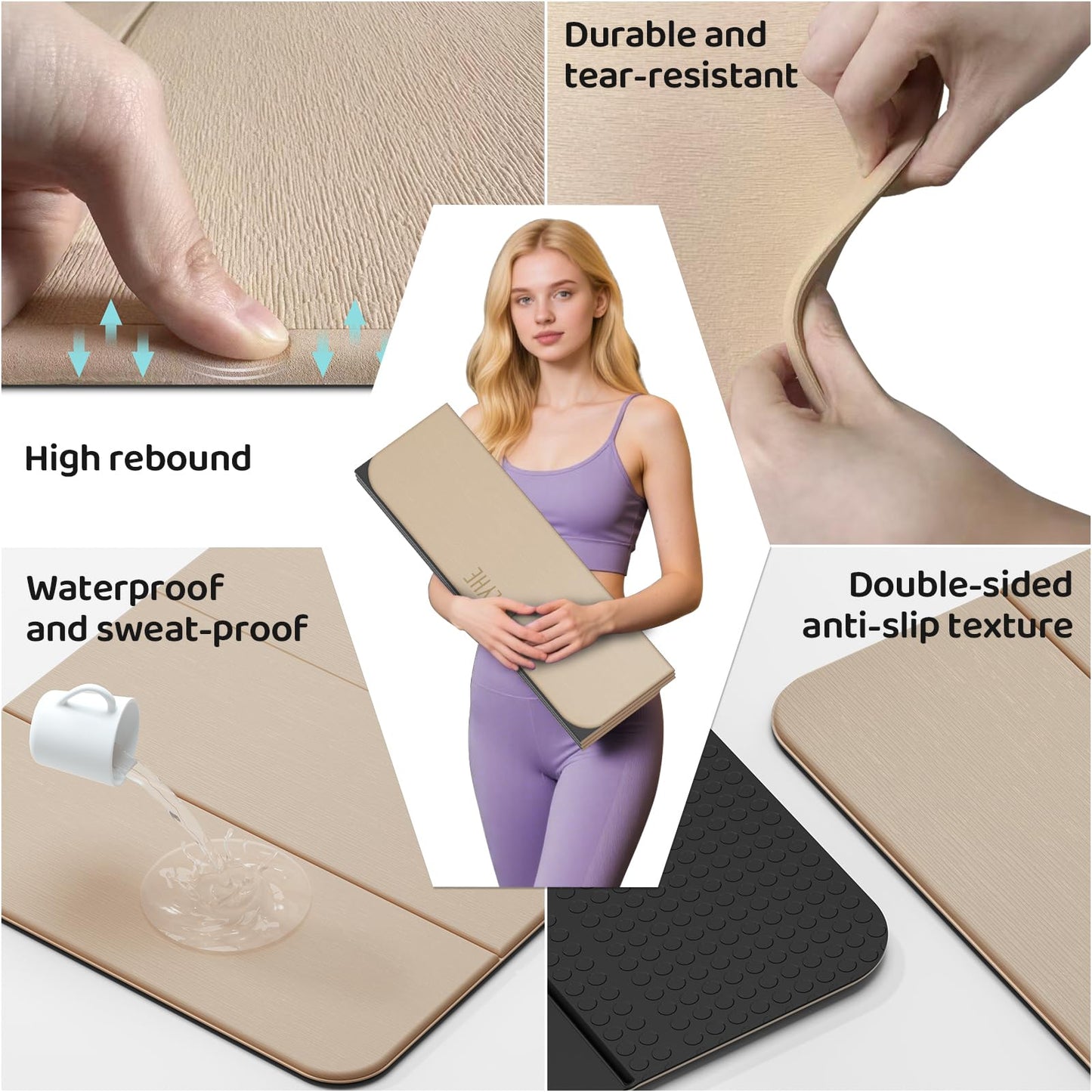 ONLYHE Foldable Yoga Mat Exercise Mat for Home Workout, Comfortable and Durable, 8mm Thick Portable Folding Mat, Non-Slip, Pilates Mat Thick, Outdoor Use, Meditation, Travel, Camping (71"x24" x 0.3") (Milk Coffee + Black)