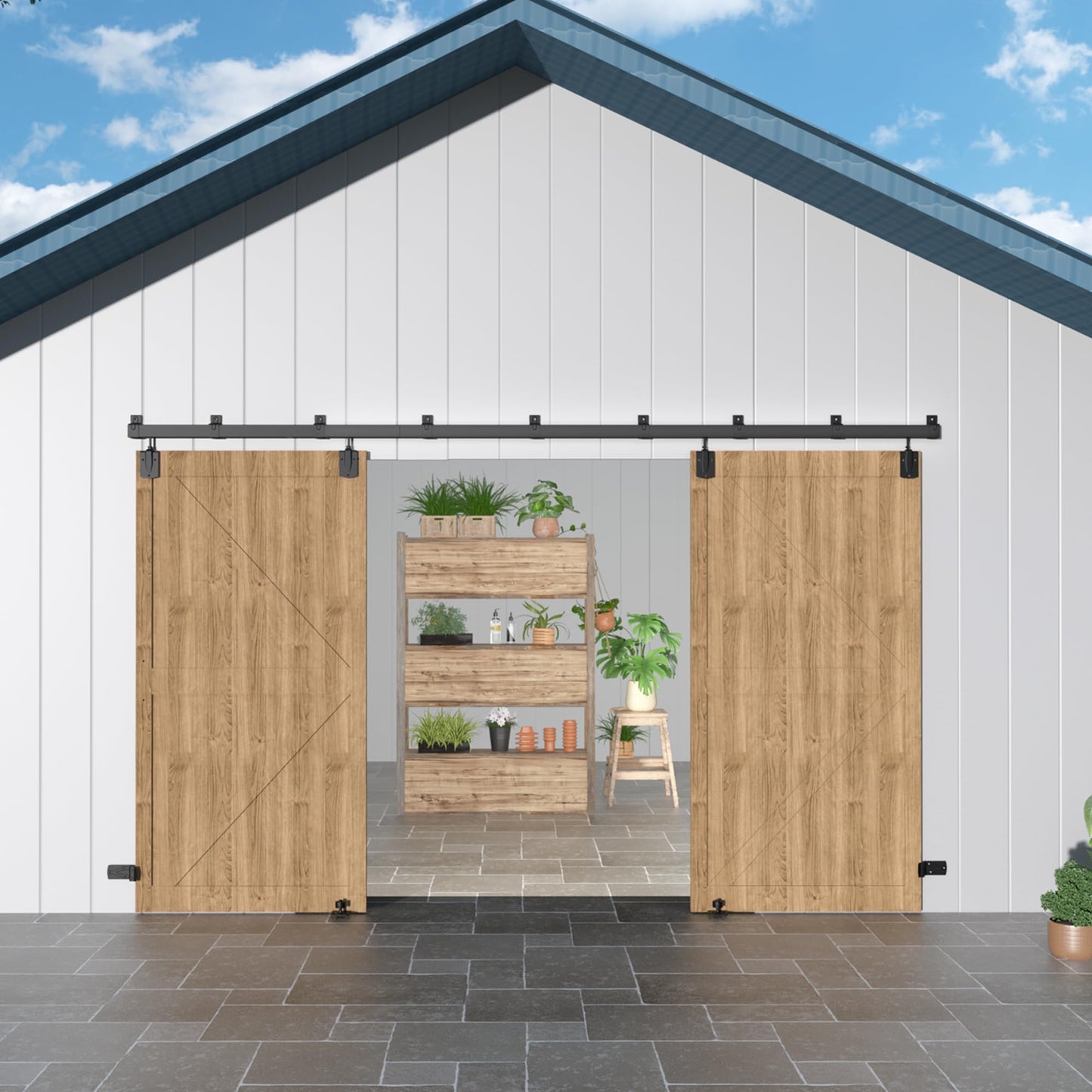 BarnBase 14FT Heavy Duty Box Rail Exterior Barn Door Hardware Kit, Sliding Door Hardware, Outdoor Barn Door Hardware Kit for 2 Doors(Door not Include), 450 lbs Capacity, Black