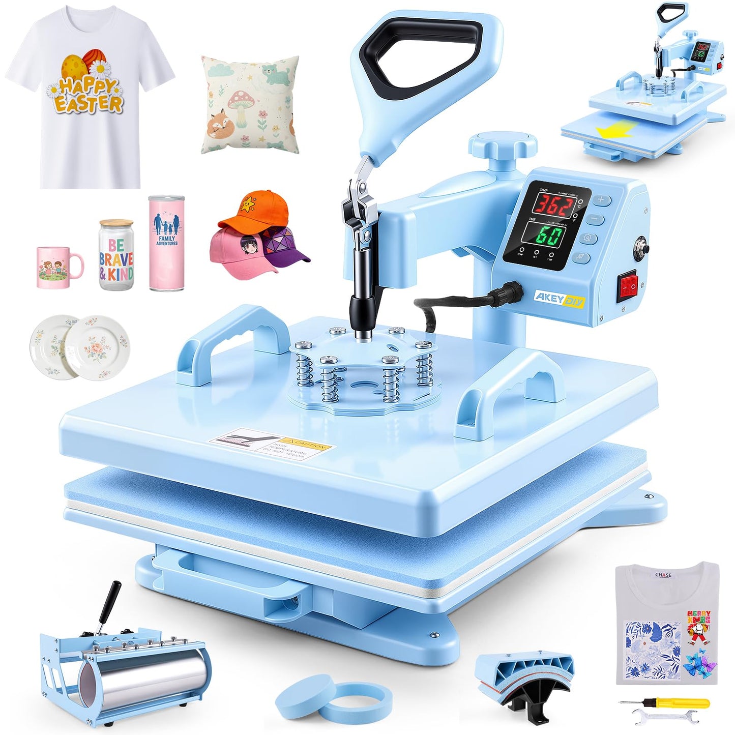 AKEYDIY Heat Press 15x15 inch 5 in 1 with 30OZ Tumbler Press, 360° Swivel Away Slide Out Digital Shirt Press Machine, Industrial Heat Transfer Machine Sublimation for T-Shirt (15x15-5 in 1 Blue)