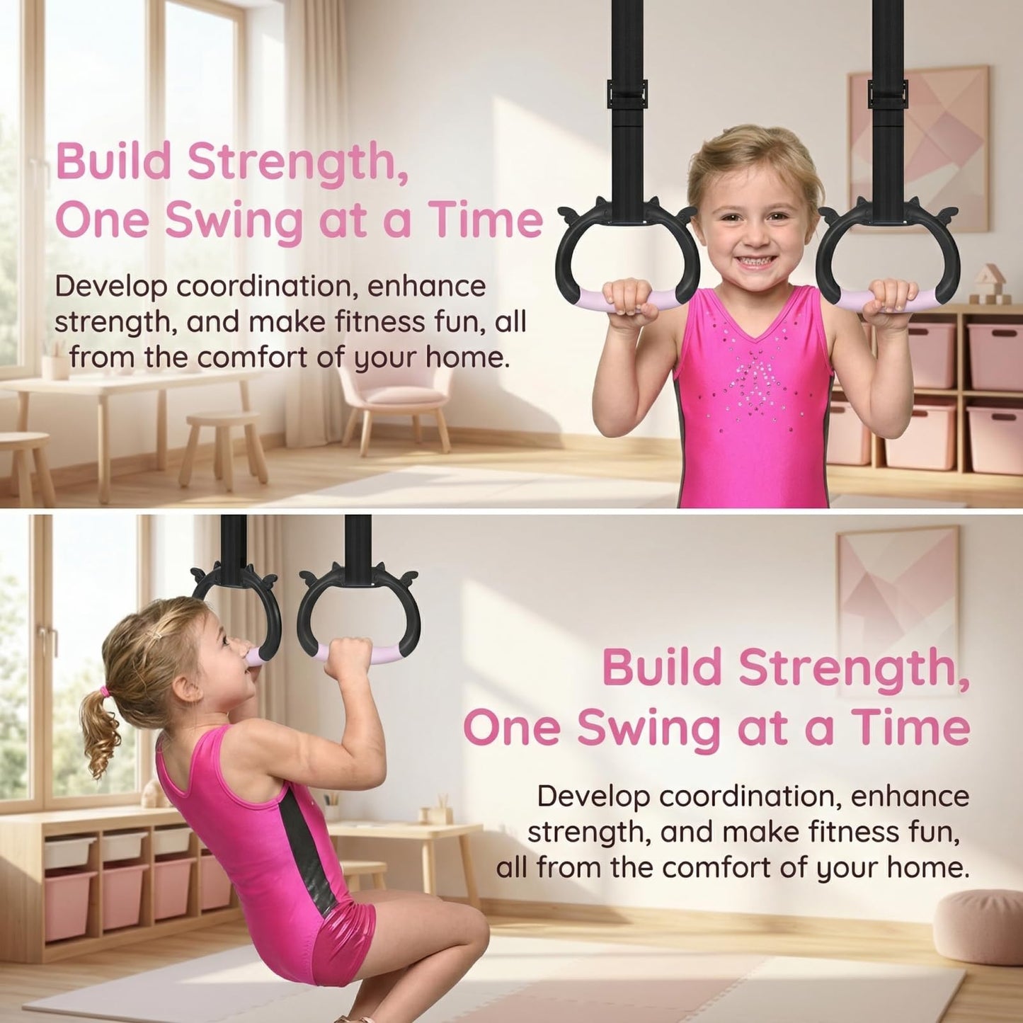 GDLPZM Gymnastics Rings, Home Gym Equipment, Adjustable Strap Strength Training Rings, Pulling Rings for Physical Training (Black Pink)