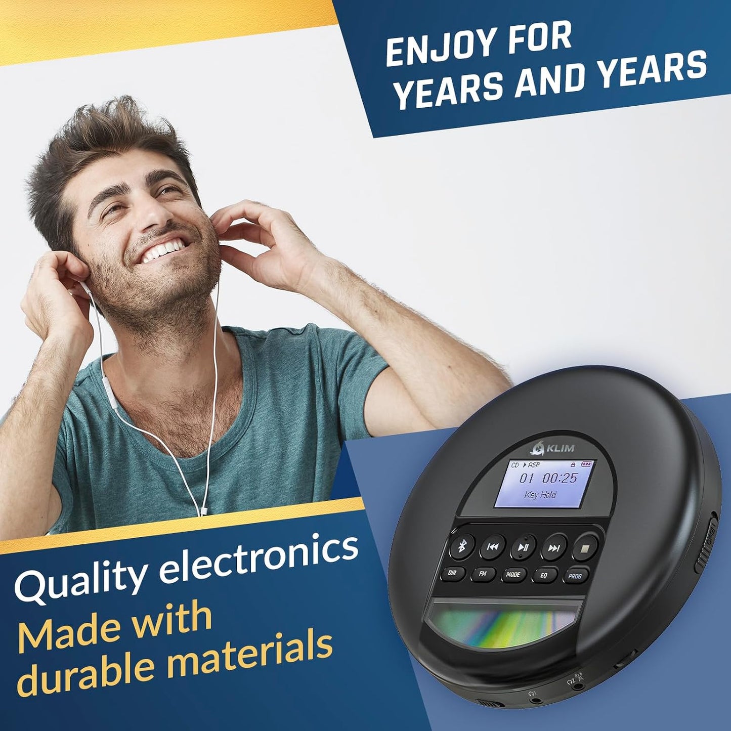 KLIM Discman MP3 Nomad Portable CD Player with Long-Lasting Battery - with Headphones - Radio FM - Compatible CD Player