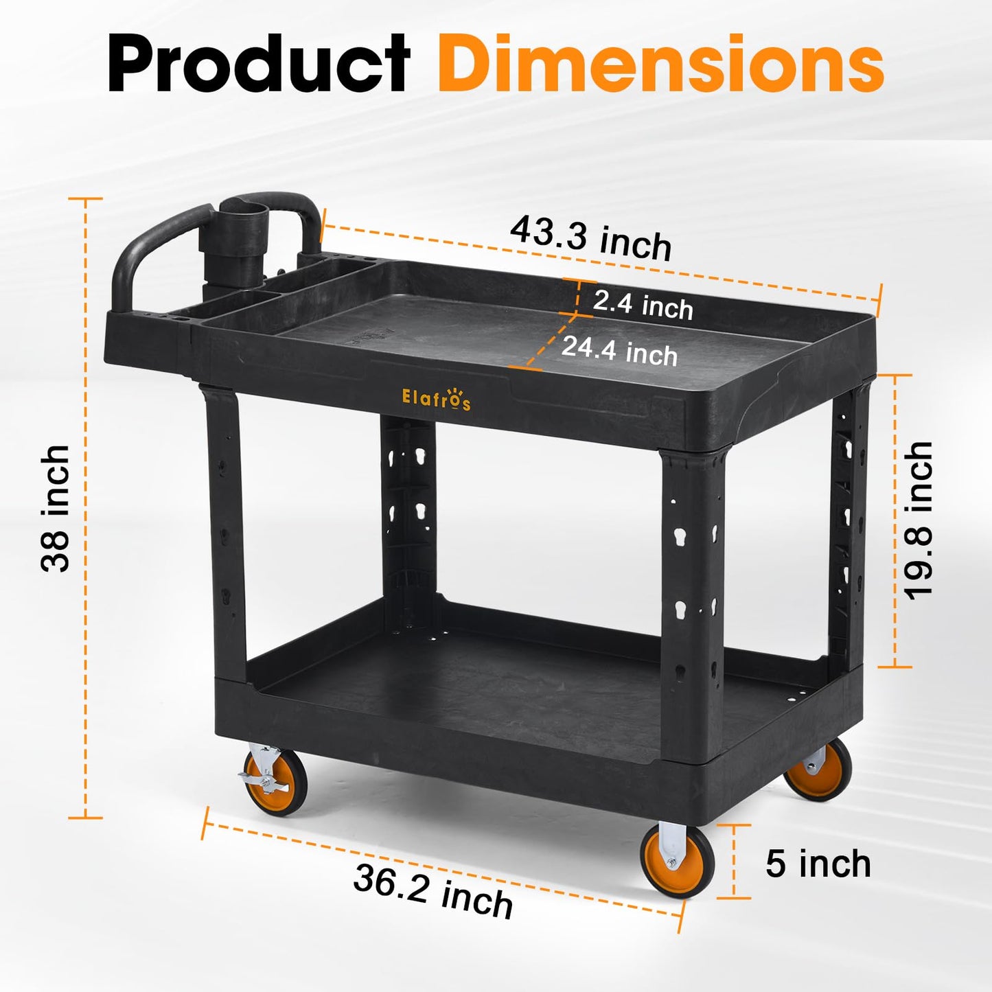 ELAFROS Extra Large Heavy Duty Plastic Utility Work Cart 43.5 x 24.6 Inch – 2 Tier Work Cart with Deep Tub Shelves, Ergonomic Handle, 5 Inch Casters, 550 lbs Capacity, Black