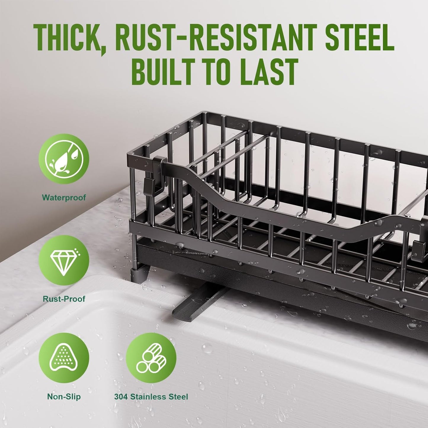 Skiennix Kitchen Sink Caddy - 304 Rustproof Stainless Steel Sponge Holder | Black Countertop Organizer