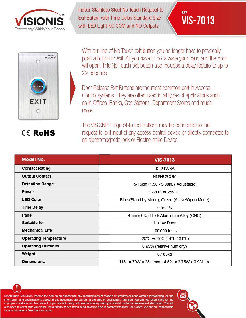 No Touch Request to Exit Button with Timer Delay. Indoor Stainless Steel Standard Size with LED Light. NC, COM and NO Outputs - VIS-7013 Visionis