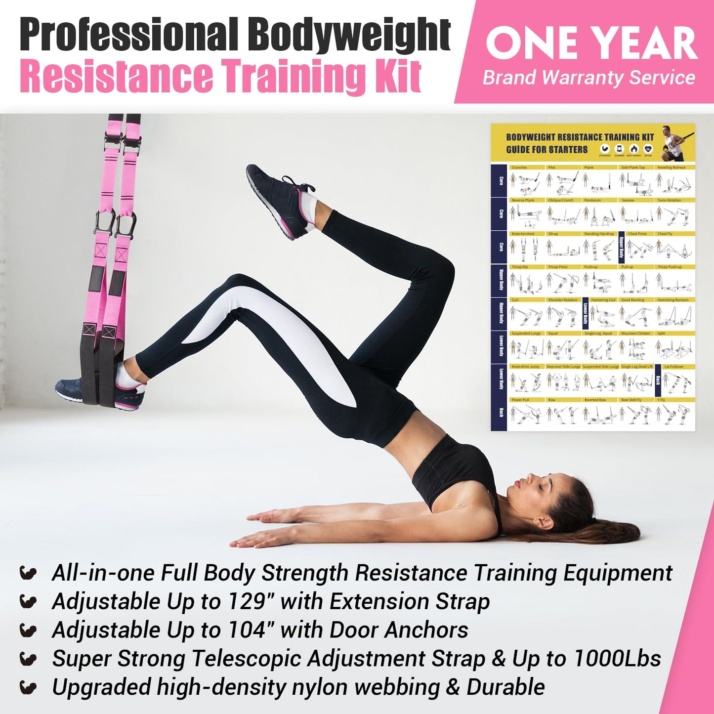 Home Resistance Training Kit, Resistance Trainer Exercise Straps with Handles, Door Anchor and Carrying Bag for Home Gym, Bodyweight Resistance Workout Straps for Indoor & Outdoor (Pink)