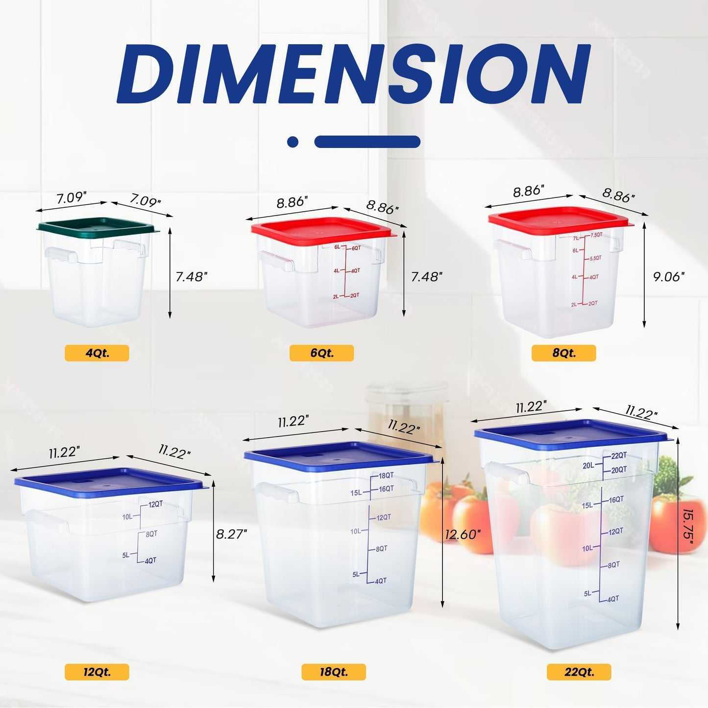 FSUON 4 Pack Clear Food Storage Containers with Lids and Handles Polycarbonate Square Commercial Food Containers, NSF (18Qt)
