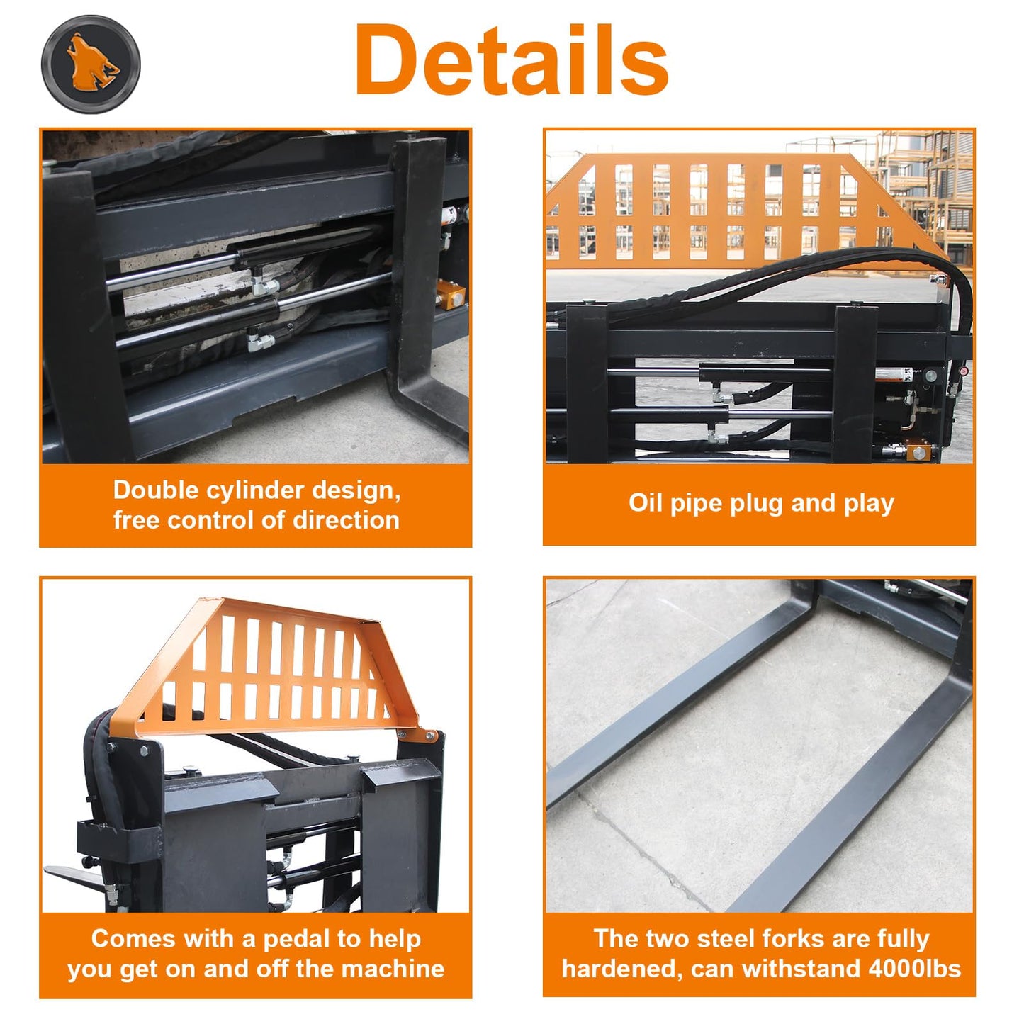 Hydraulic Heavy Adjustable Pallet Forks,Skid Steer Loader Pallet Forks, Load Capacity 4000 lbs, with 2 PCS Hydraulic cylinders, Freely Adjustable, Universal Skid Steer Bracket, Skid Steer Loader