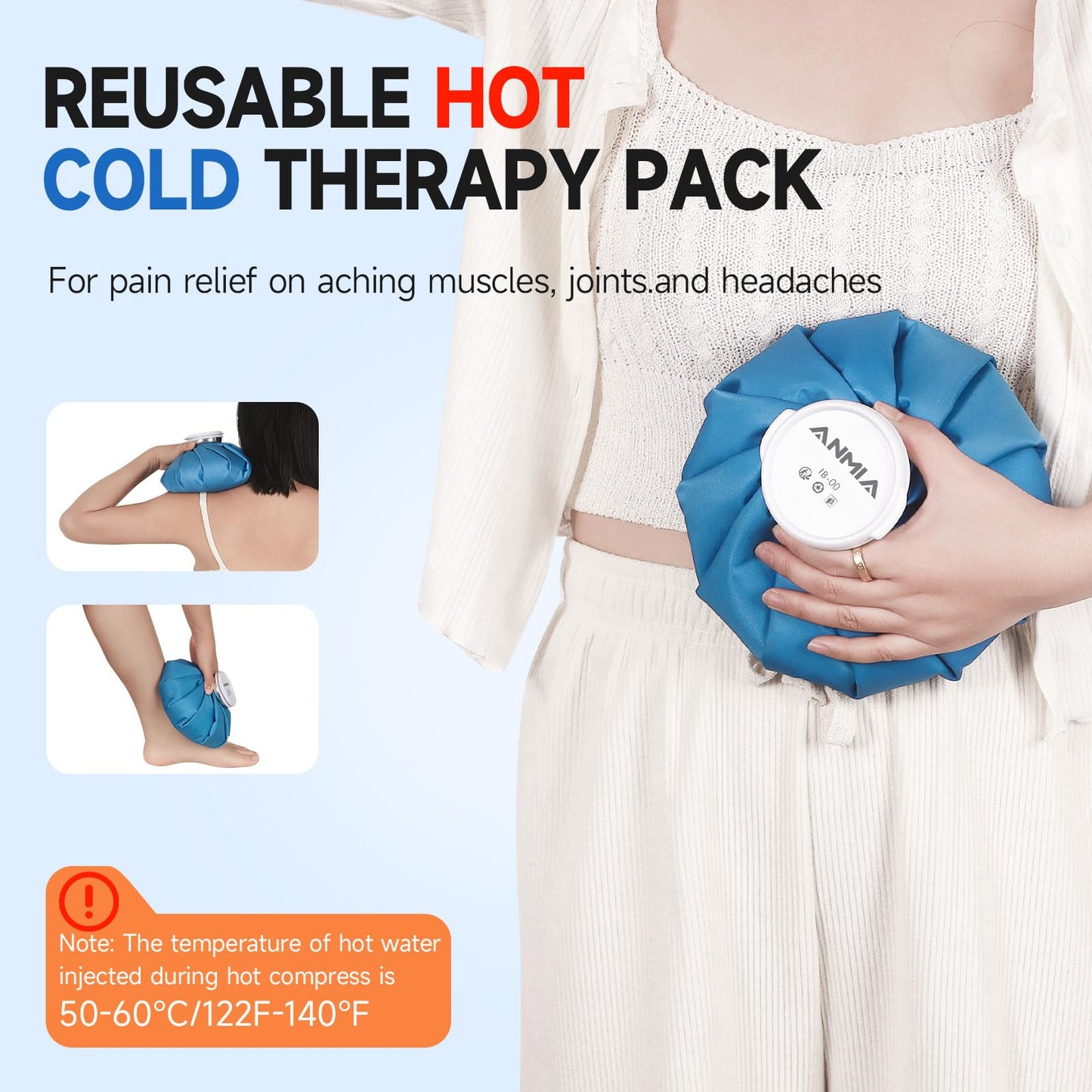 ANMIA Ice Pack Bags with Wrap for Injuries Reusable, Cold Pack Water Bag Hot Bag for Pain Relief, Leak-Proof Elastic Ice Bag, Size 9''