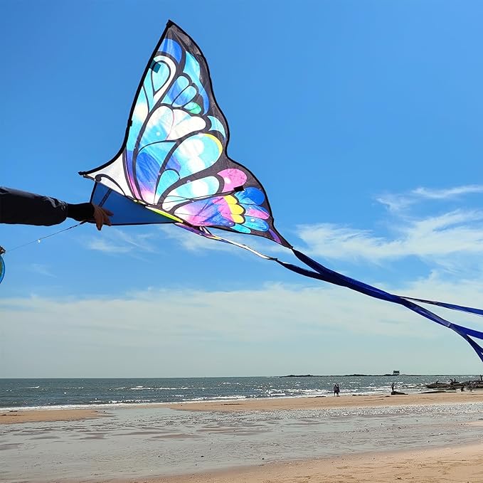 Simxkai Butterfly Kite for Kids & Adults, Easy to Fly Blue Big Kite for Beginners, Line Handle Included (1Pack 2Pack)