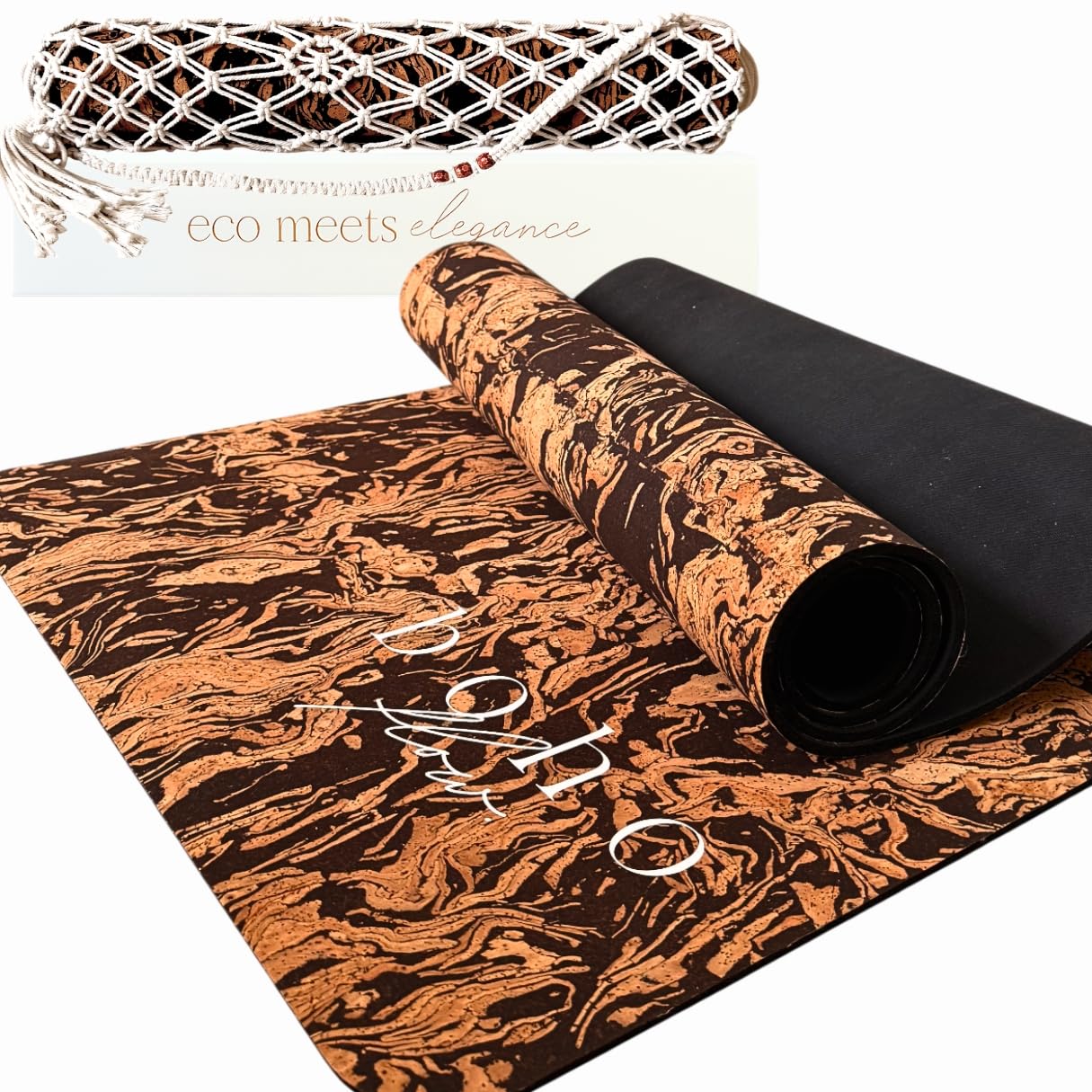 Boho Flow Deluxe Cork Yoga Mat | Caffè Core - Coffee Cork Edition | Eco-Luxury Coffee-Infused Cork Surface, Natural Tree Rubber Base & Signature Handmade Boho Macramé Bag