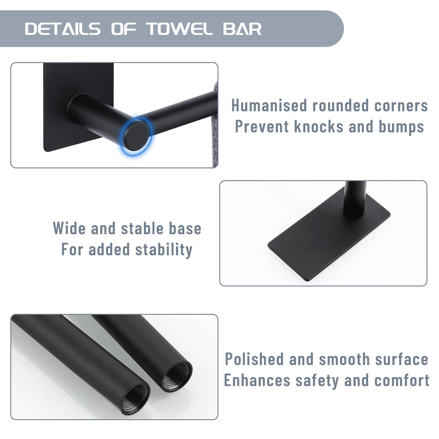 Alise Adhesive Towel Bar, 28 Inch Towel Racks for Bathroom SUS 304 Stainless Steel,Long Bathroom Towel Holder No Drill, Strong Self Adhesive Towel Bar, Matte Black