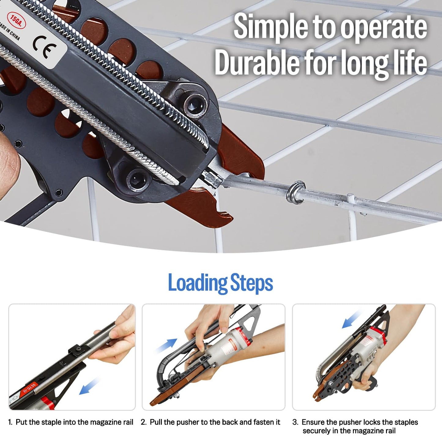 meite SC7C Pneumatic Hog Ring Gun, 15 Gauge 3/4" Crown Hog Ring Pliers, 5.5-6.0 mm Closure, Air C Ring Stapler for Mattress, Seat Assembly, Wire Cages, and Fencing