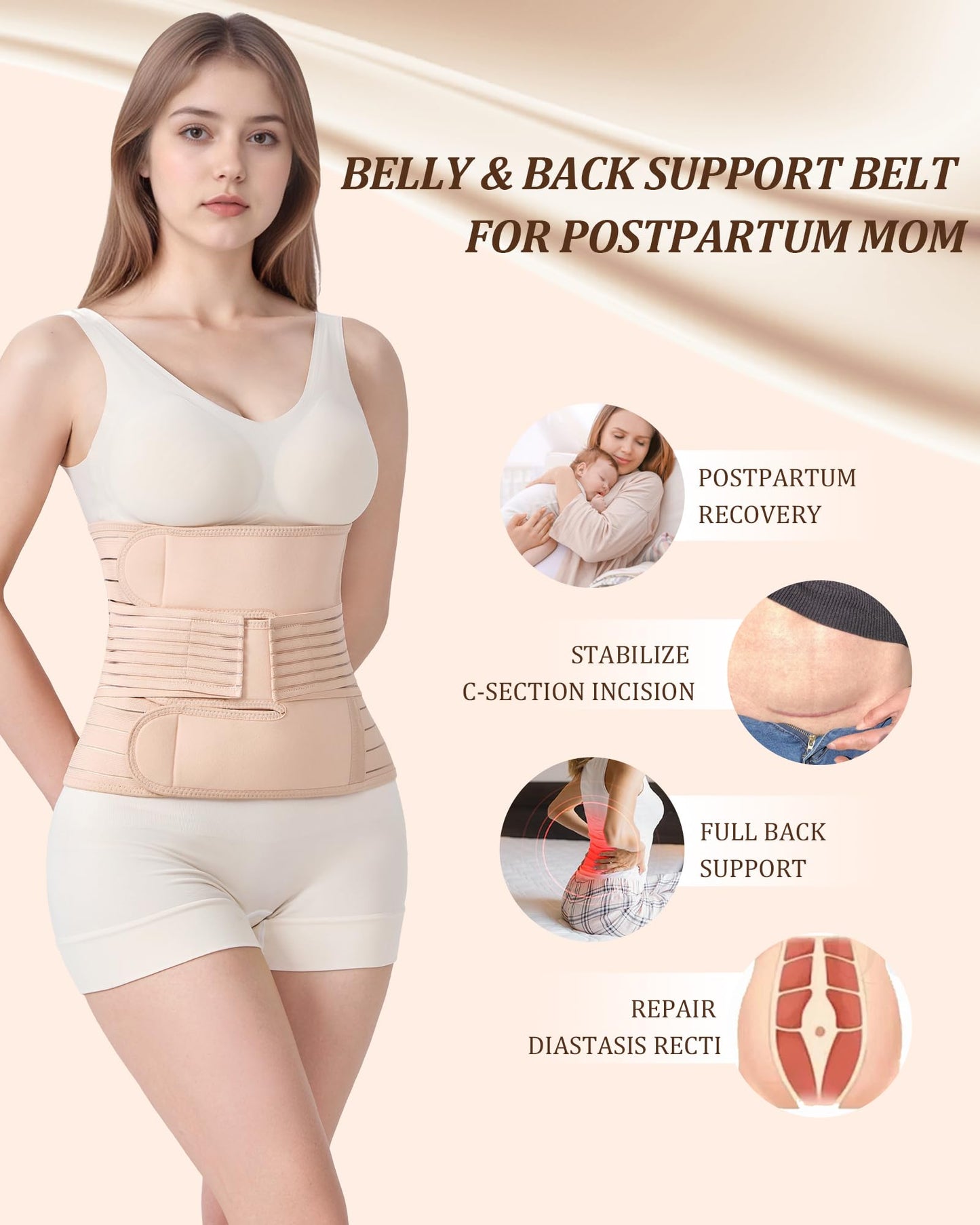 Evantha Postpartum Belly Band for Women: Adjustable Compression Wrap for Abdominal & Waist Support C-Section & Vaginal Birth Recovery Beige L