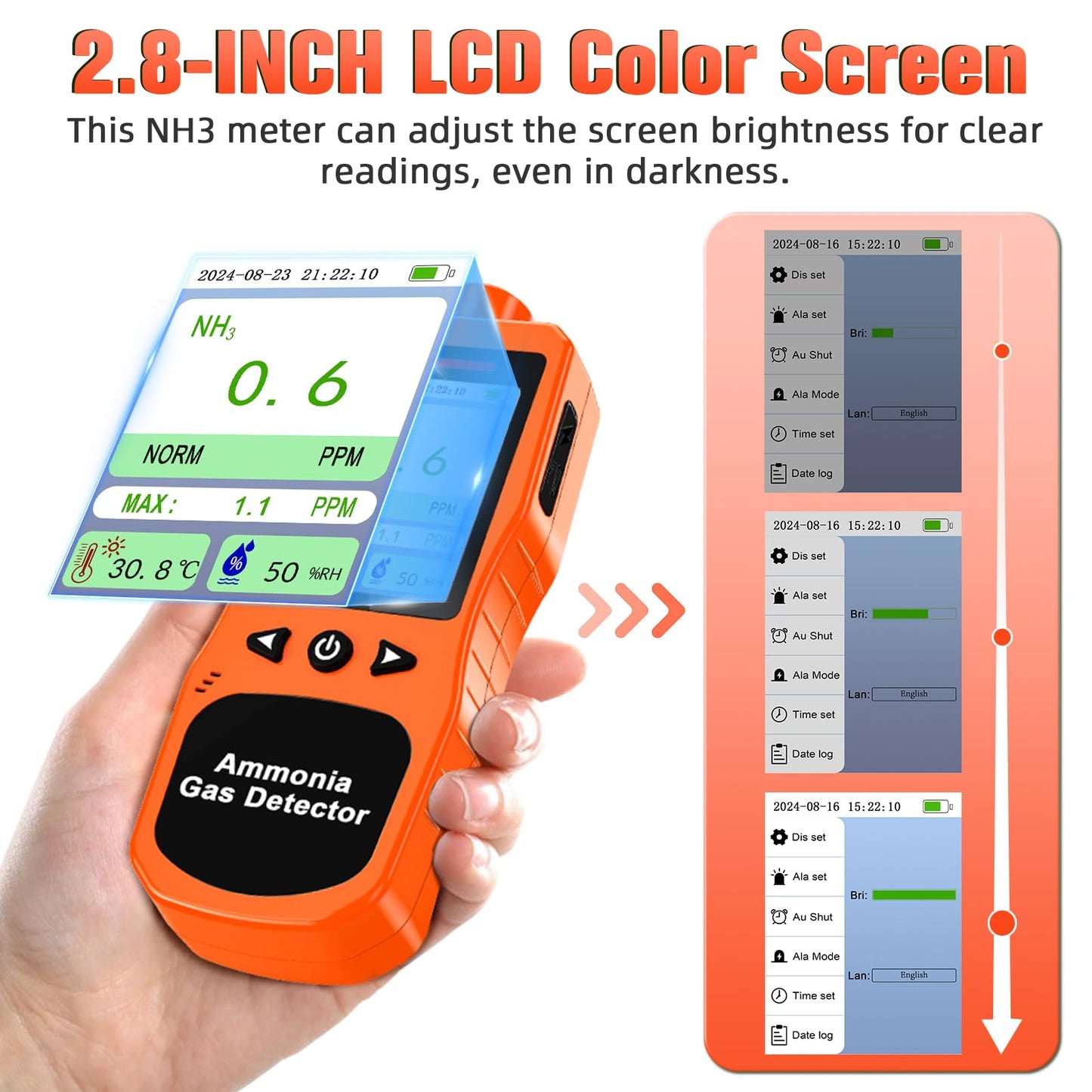 ZYKYCX Portable Ammonia Gas Detector, 0-200 PPM Rechargeable Ammonia Gas Monitor, Digital Air Quality NH3 Gas Meter with Temperature Humidity Tester for Farm, Poultry, Pig & Livestock, Orange