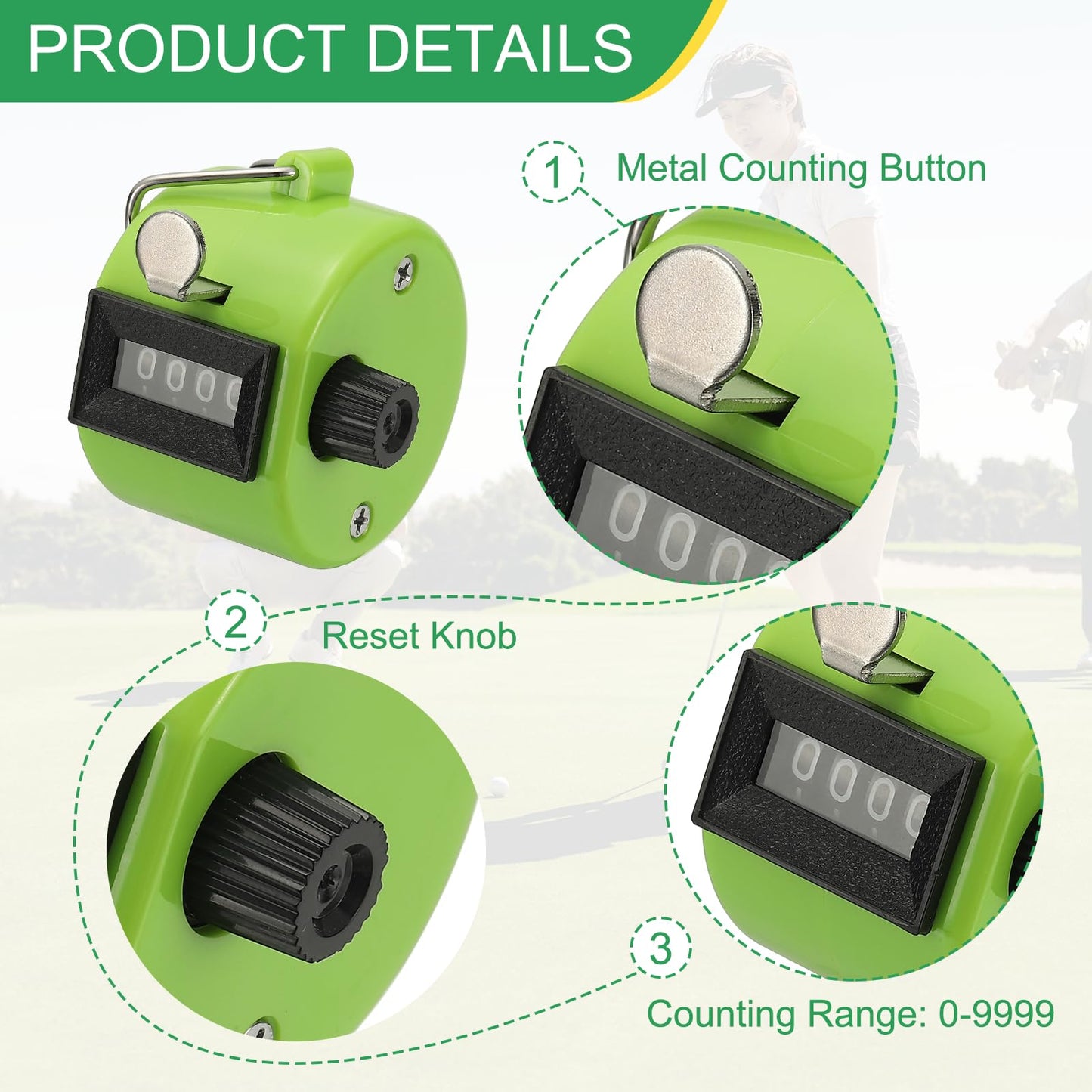 YELARXI Pitch Counter Clicker, 4-Digit Number Clicker for Counting Mechanical Hand Tally Counter - Fitting for (Golf - Fishing - Coaching - Knitting - Sports Events) 2 Pcs & Green