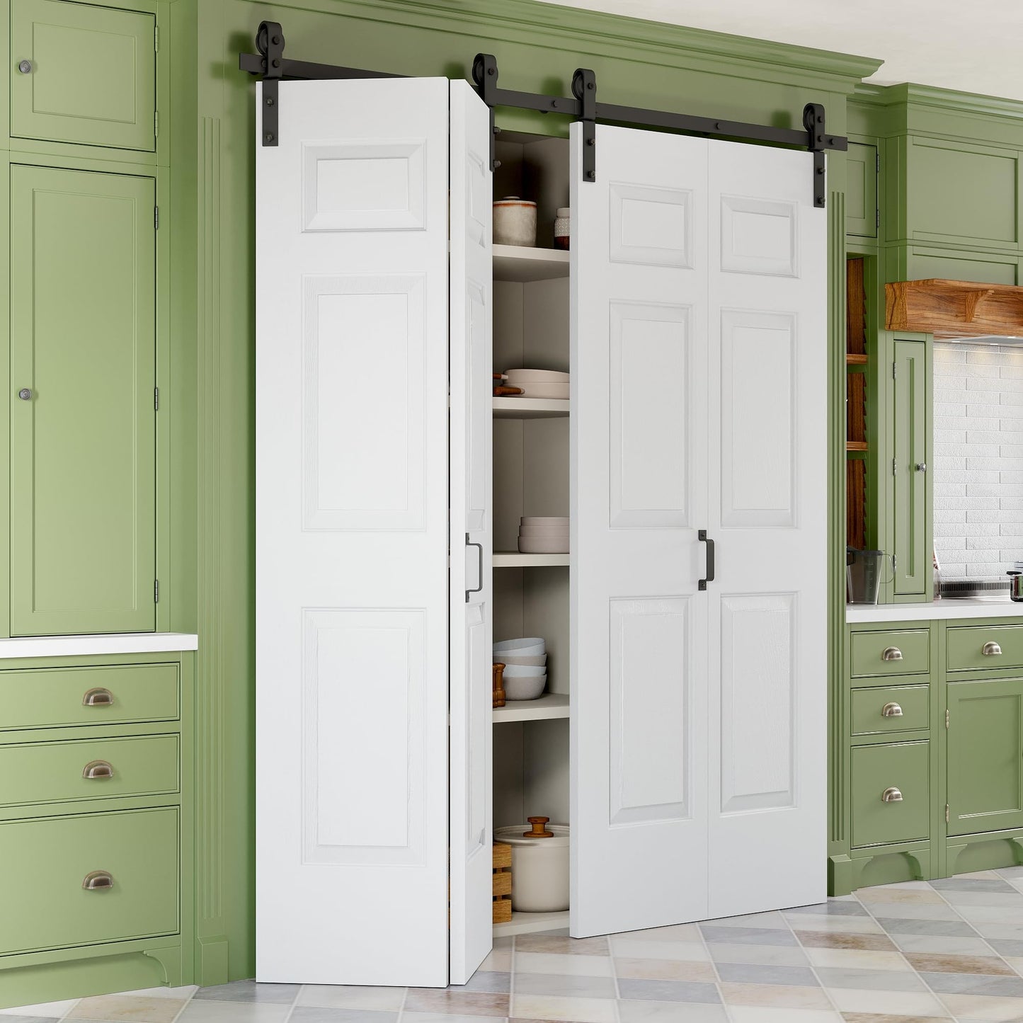 80" x 84" Paintable Bifold Barn Door, No Assembly Required, 6 Panels Bi-Fold Sliding Closet Doors with Hardware Kit Included, 88" Track Kit for 4 Doors, Pre-Drilled Holes, White