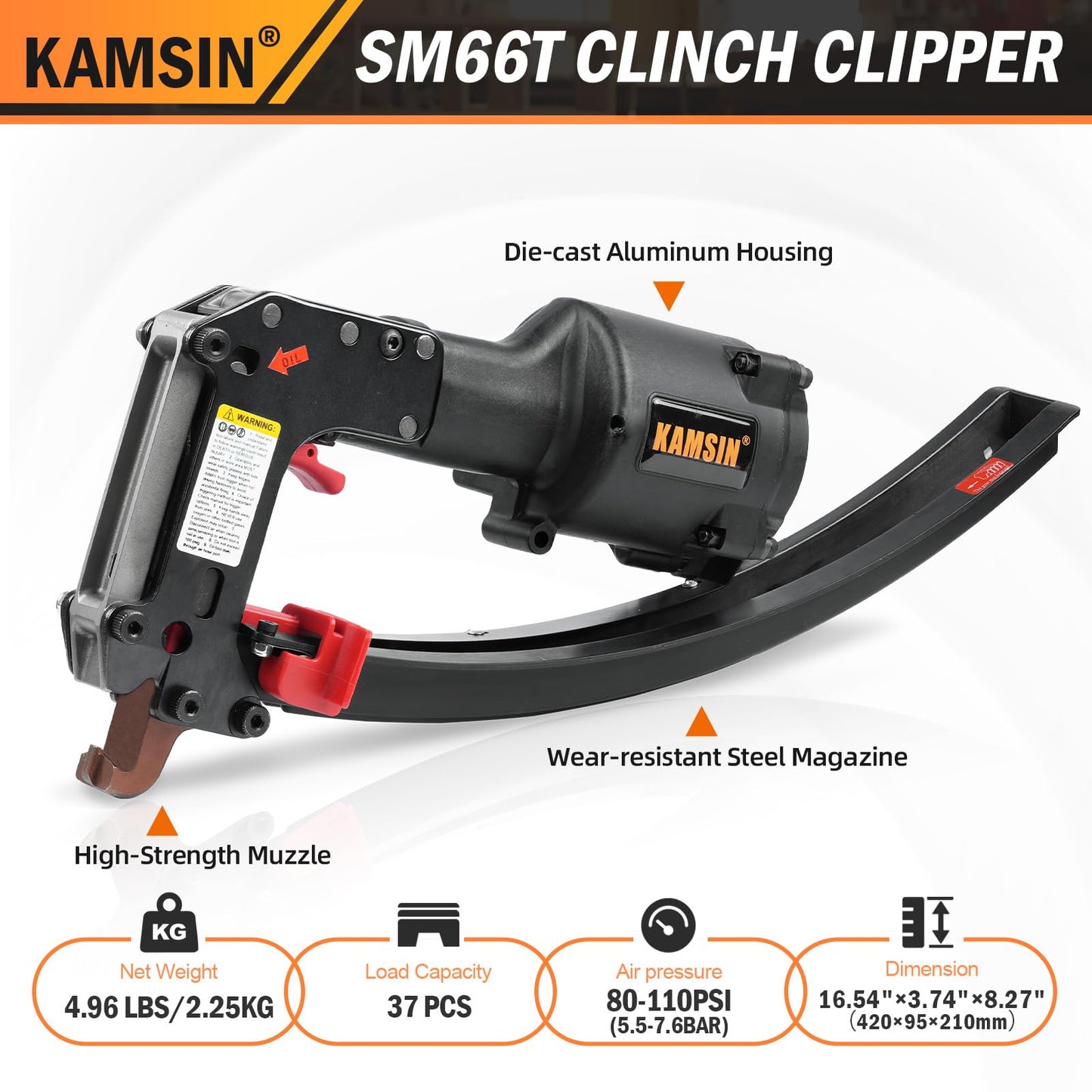 KAMSIN SM66T Pneumatic Clinching Clipper with 1120 PCS Galvanized CL-72 Clinch Clips for Spring Mattress, Car Seat