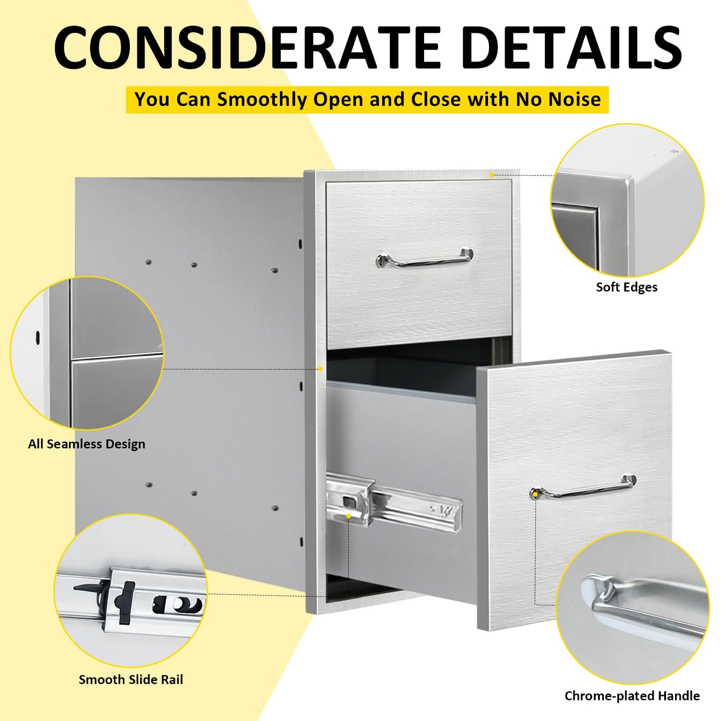 SGOLAN Outdoor Kitchen Drawers 14" W x 21" H x 21" D Flush Mount Double BBQ Drawers with Chrome Handle Stainless Steel Drawer for Outdoor Kitchen Island, Patio Grill Station