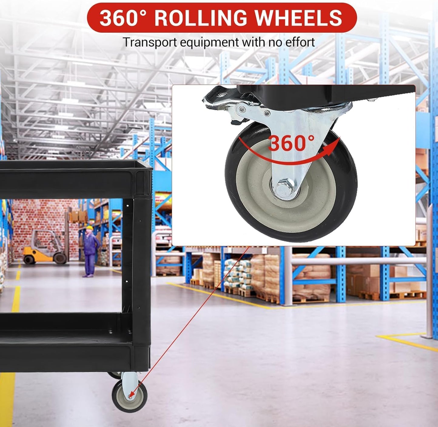 GarveeHome Service Cart 500-Lb Utility Service PP Rolling Cart with Two Trays and Brake Wheel for Warehouse/Garage/Cleaning/Manufacturing，45" 25" Black