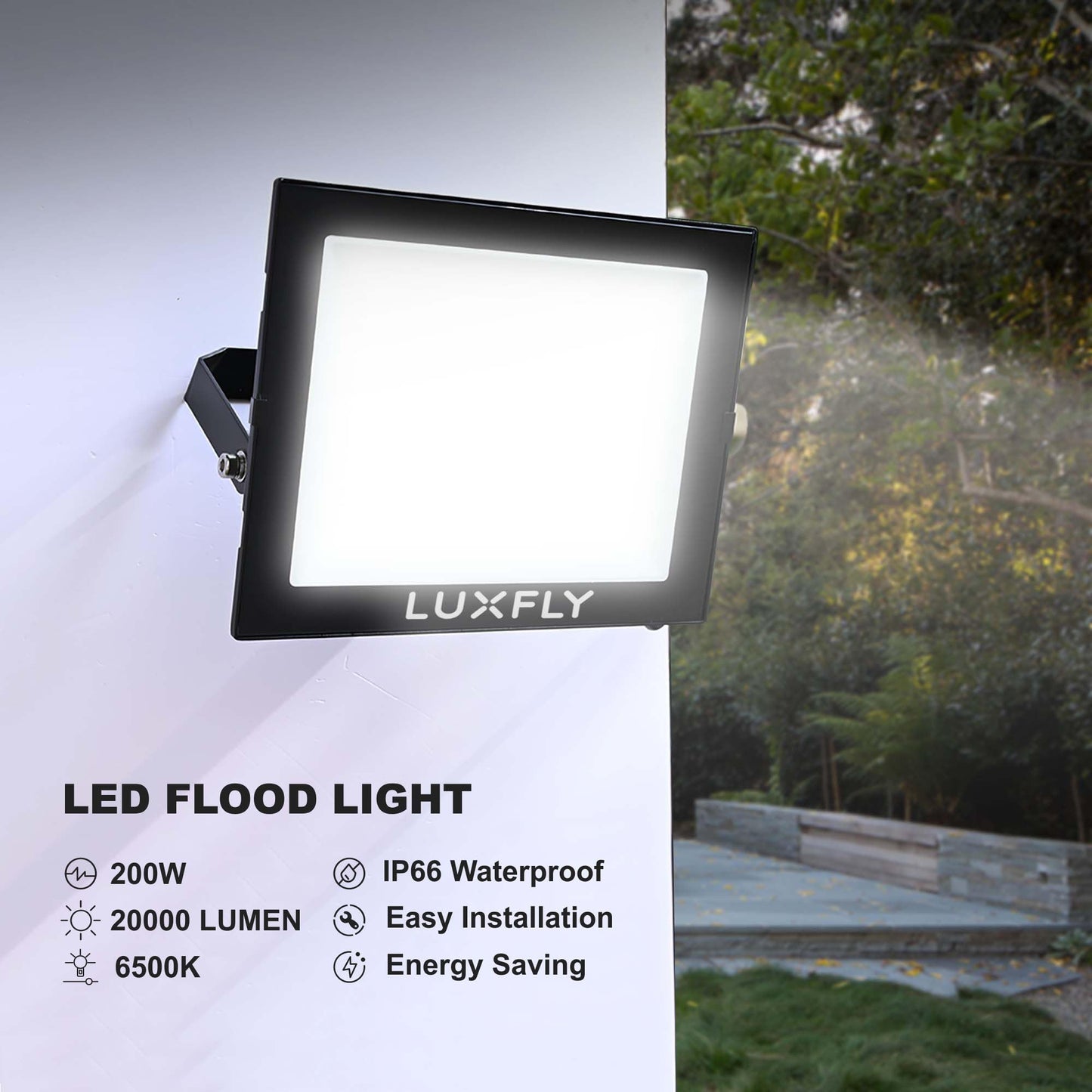 LUXFLY 2 Pack LED Flood Lights Outdoor,200W 20000LM Super Bright Work Light with Plug, IP66 Waterproof Security Lights, 6500K Portable Floodlights for Patio, House, Garage