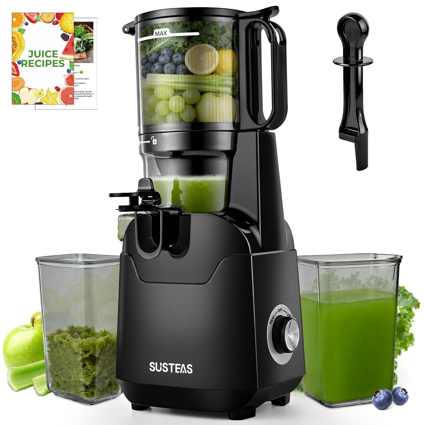 SUSTEAS Juicer Machines with 5.3" Extra Wide Chute,Cold Press Juicer for Whole Fruits & Vegetables, 64oz Capacity Juice Extractor 250W, Easy to Clean, High Juice Yield, Home Juicer, Premium Black