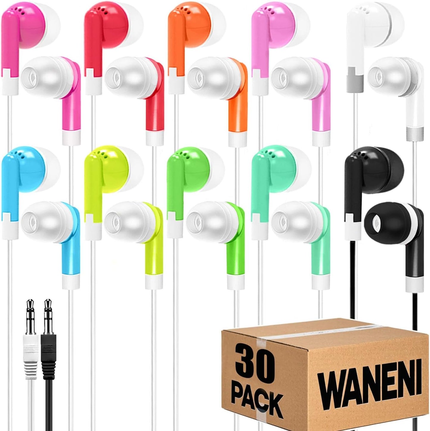Waneni 30 Pack Set Colors,30 Pack) Wholesale Bulk Earbuds Headphones Class for School Classroom Students Kids Children