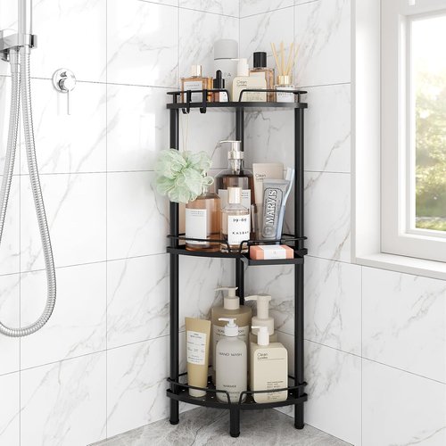 ELYKEN Corner Shower Caddy - 3-Tier Rustproof Metal Organizer with Soap Holder & Adjustable Feet | Black