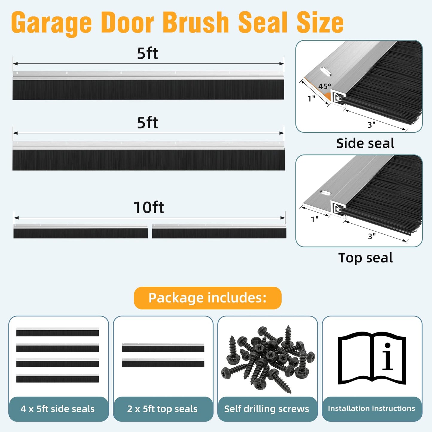 10 x 10 ft Garage Door Seal Kit, 3" Thickened Nylon Bristles with Aluminum Track, Heavy Duty Weather Roll Up Door Seal, for Commercial, Barn, Warehouse, Corrugated Doors, 2 Top & 4 Side Brushes