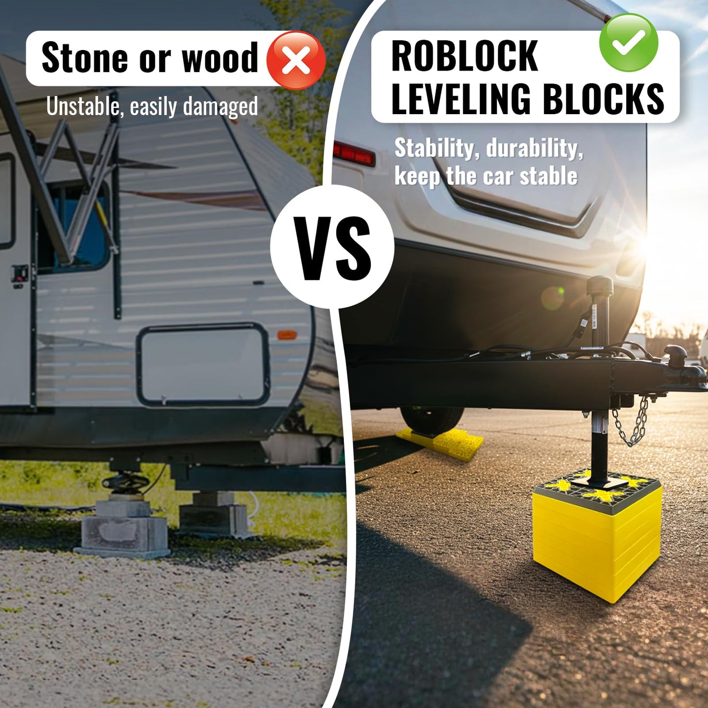 ROBLOCK Rv Leveling Blocks 12 Pack (2 Rubber Top), Camper Leveling Blocks Sturdy Stackable Jack Blocks with Carrying Bag, Multifunctional Wheels Stabilizer Blocks Suit for Camper Travel Trailer
