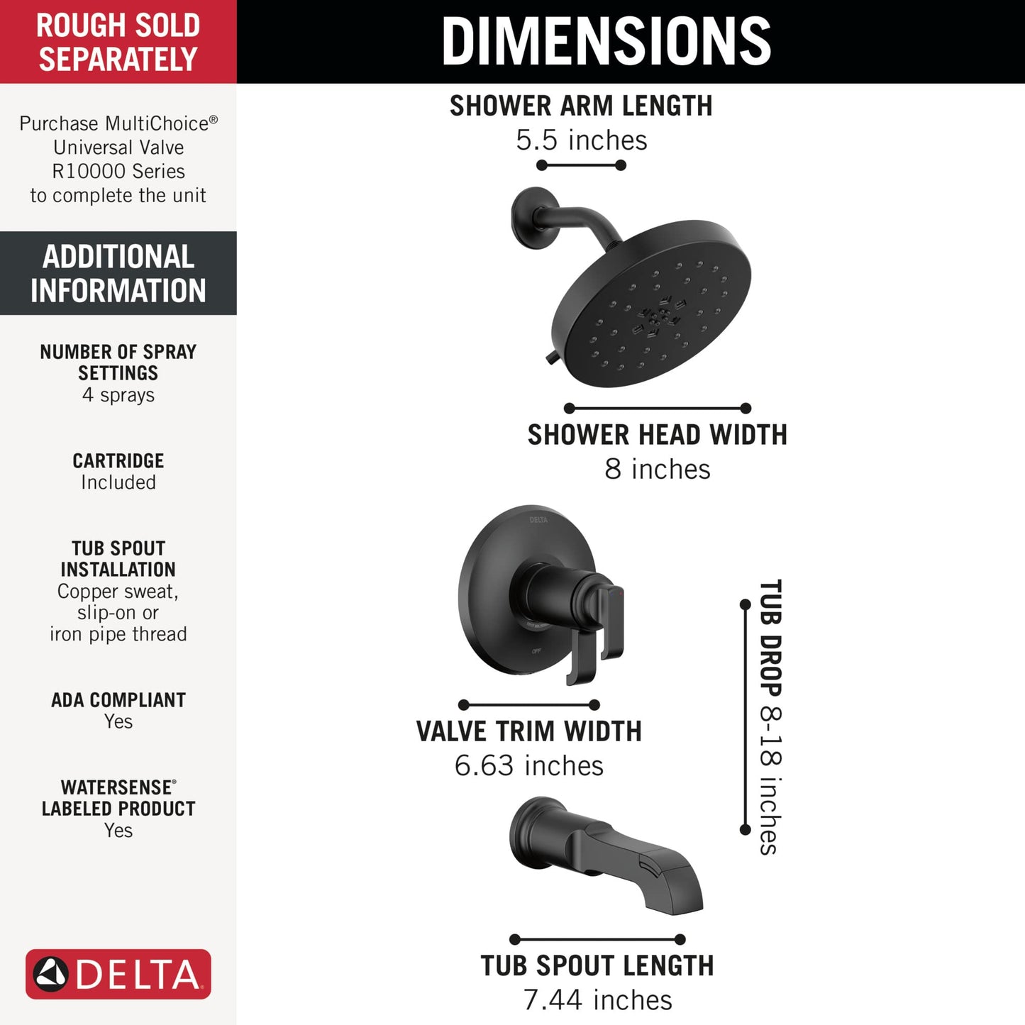Delta Faucet Tetra 17T Series Dual-Function Matte Black Tub and Shower Faucet Set with with 4-Spray H2Okinetic Shower Head, Bathtub Faucet Set, Matte Black T17T489-BL (Valve Not Included)