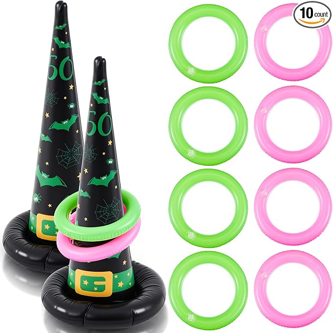 Leitee 10 Pcs Halloween Inflatable Witch Hat Ring Toss Game Set Carnival Pink and Green Inflatable Ring Toss Games Toys for Witch Themed Birthday Party Decoration Indoors Outdoors