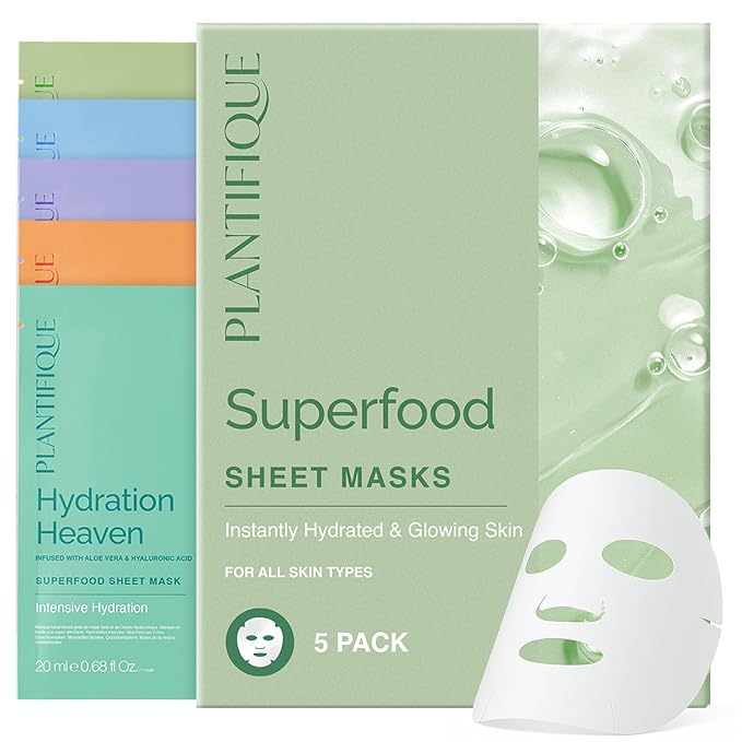 PLANTIFIQUE Superfood Facial Sheet Mask Variety Box 5 Pack ??Face Mask Set with Coconut, Aloe, Vitamin C, Centella & Collagen ??Hydrating & Refreshing ??For All Skin Types