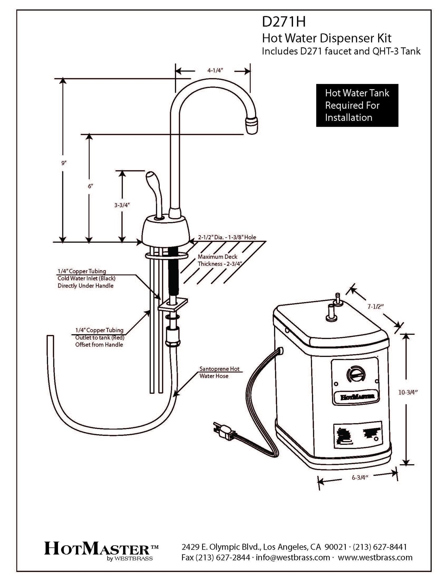 Westbrass A271H-20 Velosah 9" 1-Handle Hot Water Dispenser Faucet with Thermostatic Hot Water Tank, Stainless Steel