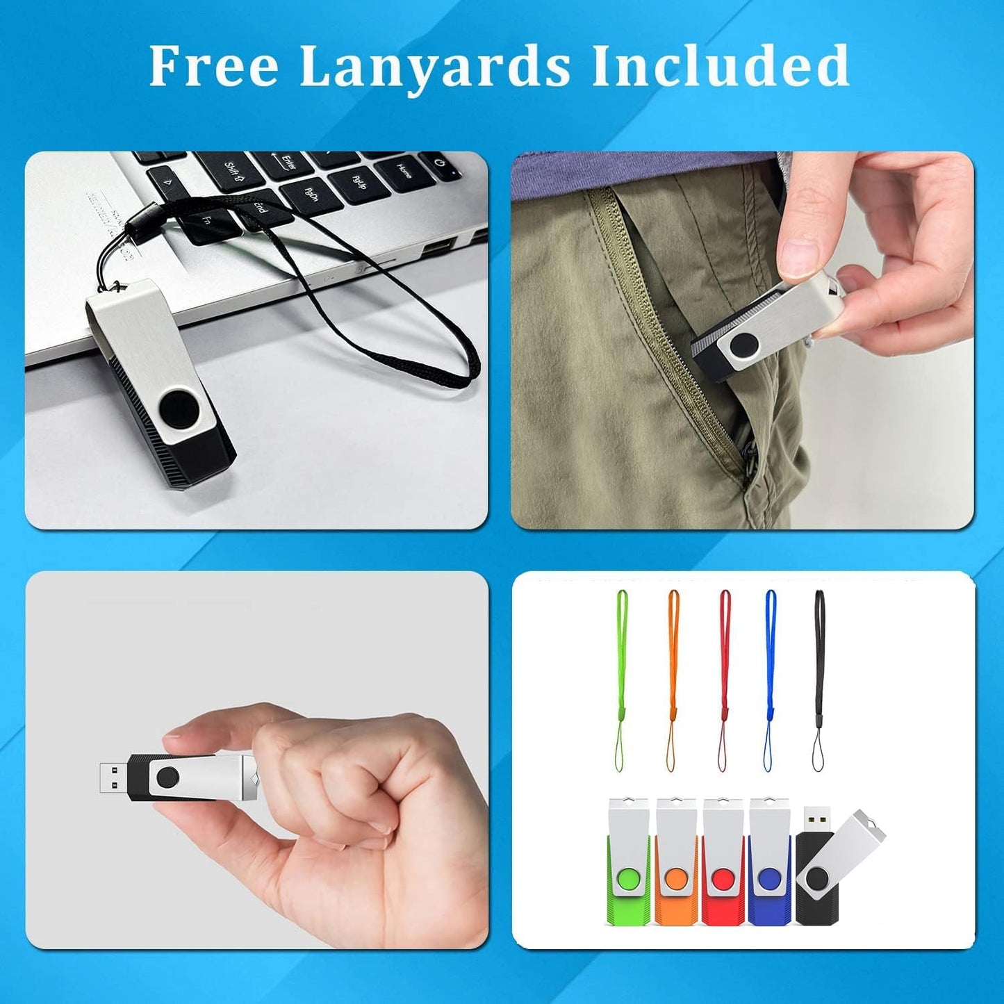 Wooolken 8GB 5 Pack, 2.0 (5 USB Flash Drive USB Memory Stick with Lanyards Swivel Thumb Drives for Data Storage