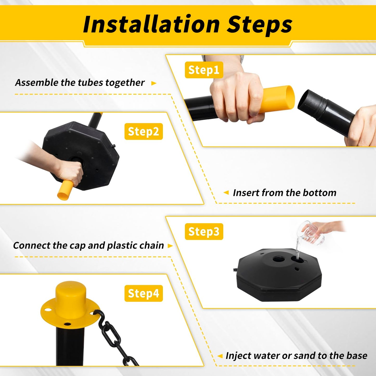 SHAREWIN Parking Delineator Stanchion with Base - 10 Pack 35" Post Traffic Cone, Reflective Collar Black, Yellow - Chain Barriers for Construction, Crowd Control, Events, Road Warning