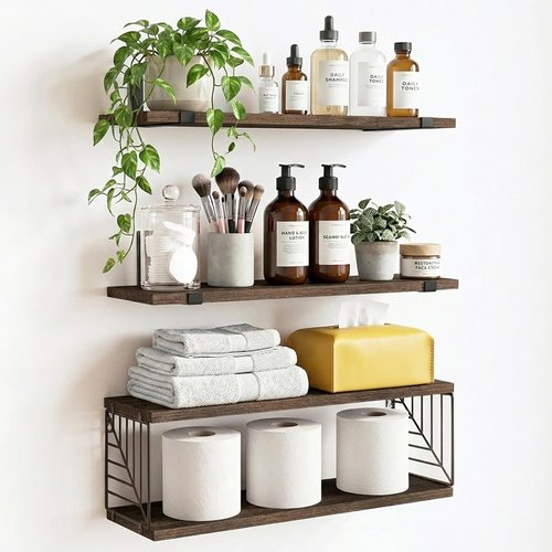 Fixwal Floating Bathroom Shelves - Rustic Wood Wall Decor for Bathroom, Living Room & Kitchen | 15.8in Dark Brown, 3 Plus 1 Tier