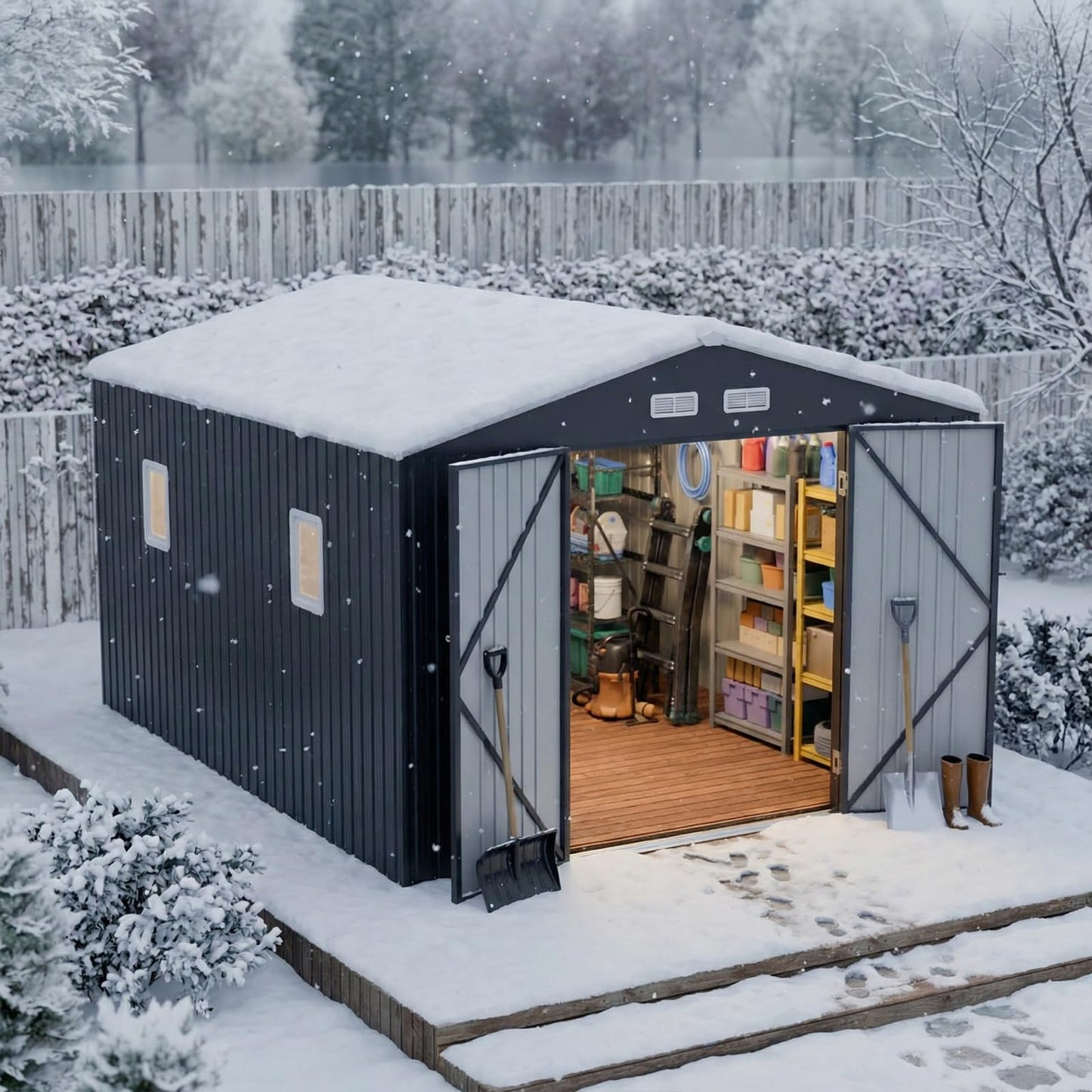 WELYAS 10x12 FT Outdoor Metal Storage Shed with Unique Floor Base Clear Roof Window Lockable Door Vent,Waterproof Heavy Duty Reinforced Frame Sheds for Yard Store Large Lawnmower Tool, Dark Grey