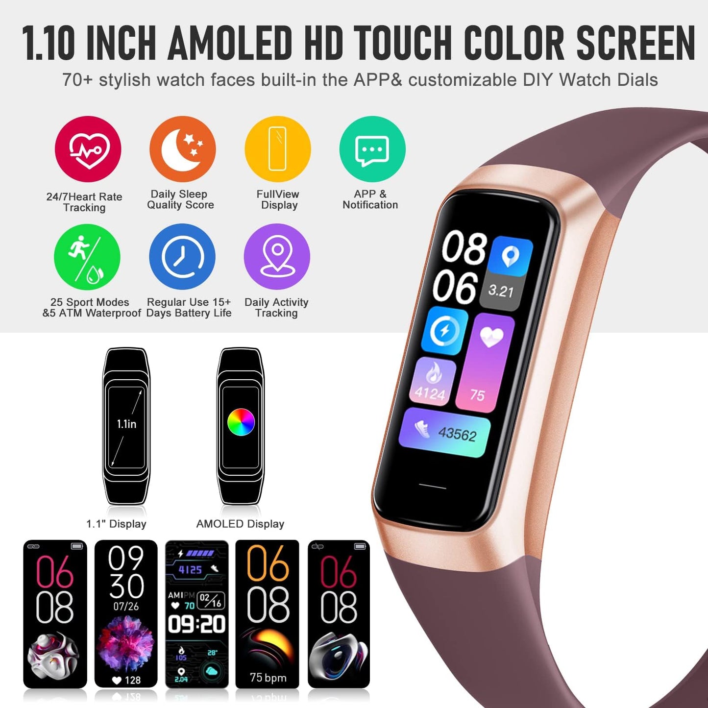 Bakoor Fitness Tracker, Fitness Watch with 24/7 Heart Rate Blood Oxygen Sleep Monitor, 1.10" AMOLED HD Touch Color Screen Step Counter, Activity Trackers Pedometer Health Smart Watch for Women Men