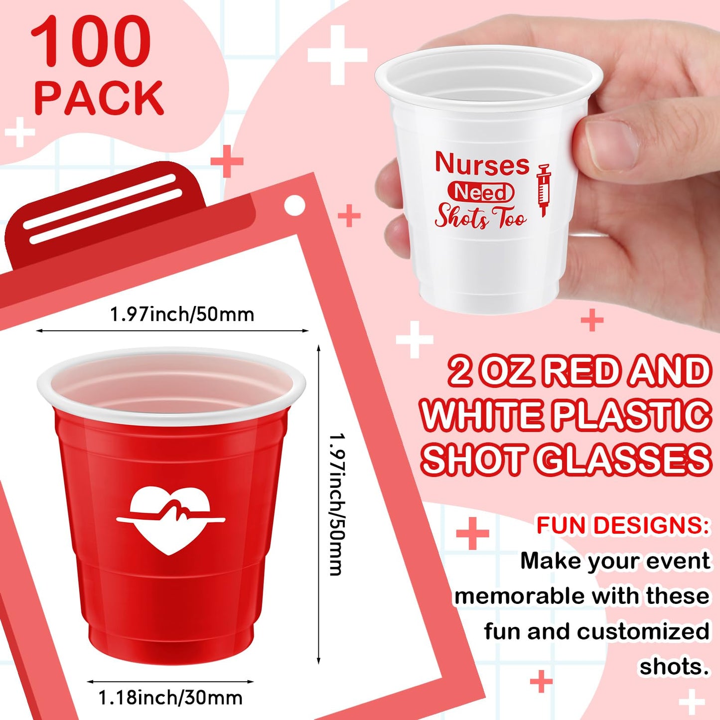 Lounsweer 100 Pcs Nurses Need Shots Too Mini Plastic Shot Glasses Nurse's Day 2 oz Small Plastic Cups Disposable Shot Cups for Nurse Birthday School Graduation Party Favors, Red, White