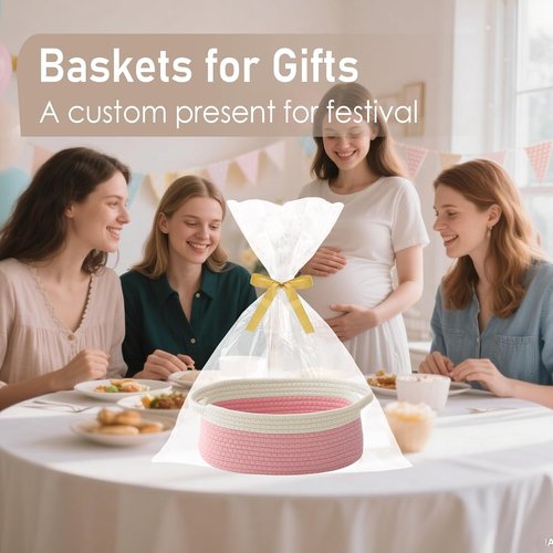 JMvicyroam Woven Basket - Small Rope Storage Bin with Handles | Organizer for Shelves & Closets - White & Pink (2 Pack)