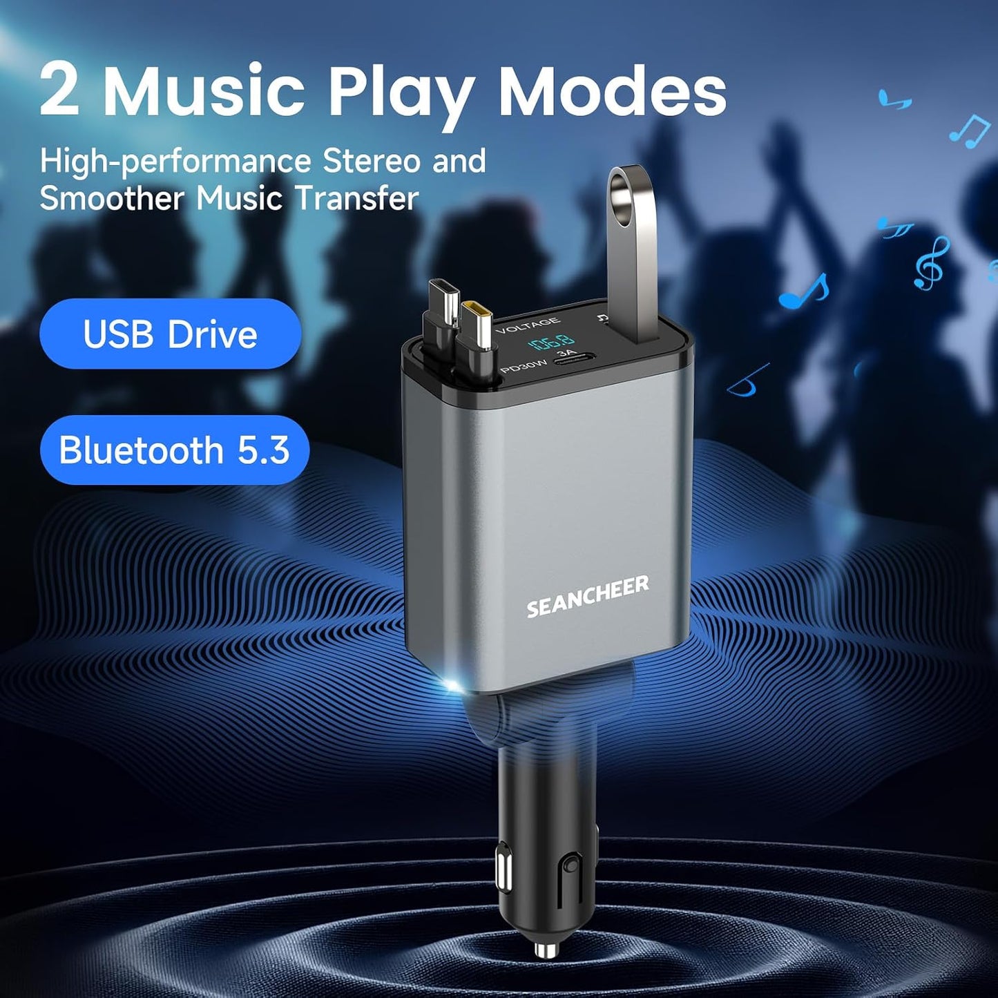 SEANCHEER 69W 2 5.3 MP3 Car Bluetooth Adapter & Car Charger USB C, Cigarette Lighter Adapter with Retractable Cables