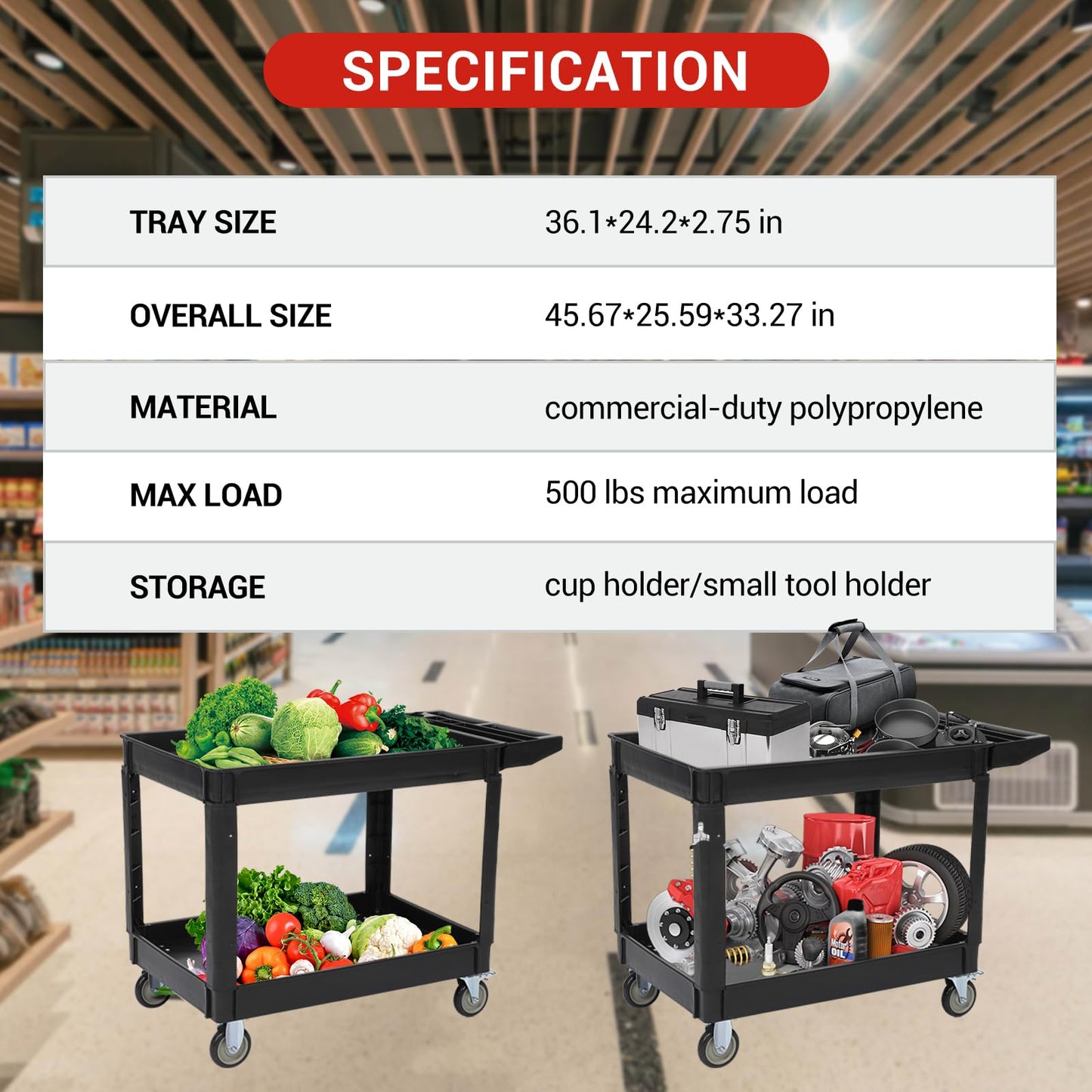 GarveeHome Service Cart 500-Lb Utility Service PP Rolling Cart with Two Trays and Brake Wheel for Warehouse/Garage/Cleaning/Manufacturing，45" 25" Black