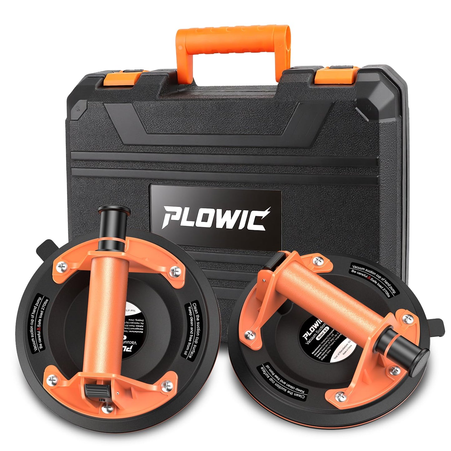 PLOWIC Glass Suction Cups with Heavy Duty: 8 Inch Tile Suction Cup Lifter with Handle and Pump, High Load Capacity Vacuum Cup Tool to Lift Large Glass, Tile, Granite, Window, Windshield (2 Pack)