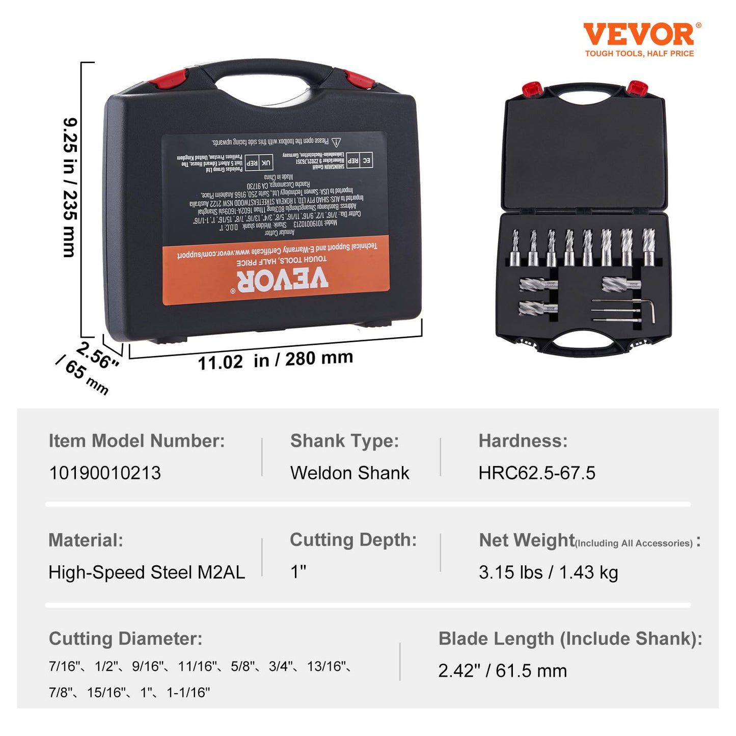 VEVOR Annular Cutter Set, 13 pcs Weldon Shank Mag Drill Bits, 1" Cutting Depth, 7/16" to 1-1/16" Cutting Diameter, M2AL HSS, 2 Pilot Pins, Hex Wrench and Portable Case, for Using with Magnetic Drills