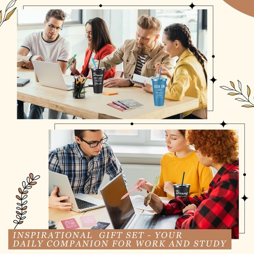 Hollowfly 24 Sets / 96 Pcs Inspirational Gifts Bulk for Employee Appreciation, 24 oz Plastic Cups and Pens Notebooks Keychains Set, Group Gifts for Office Staff Coworkers (Morandi)