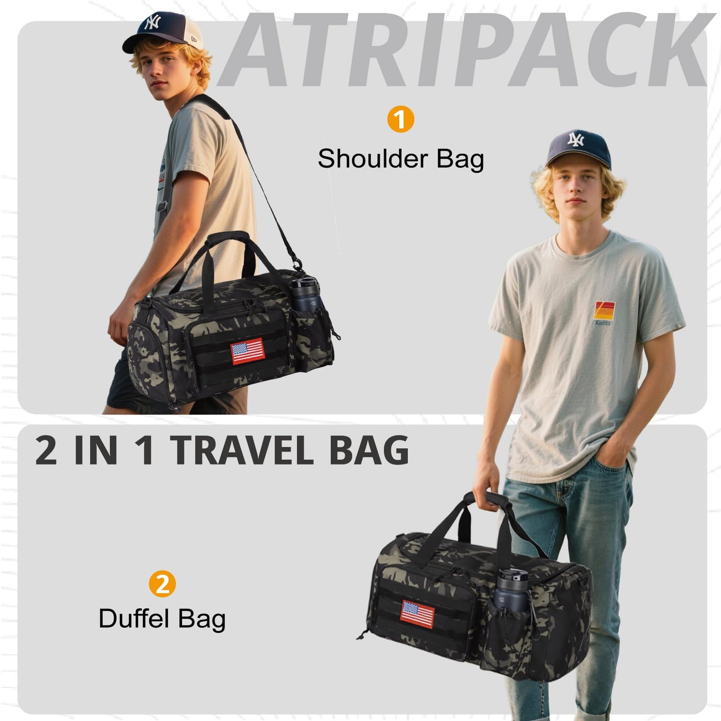 Tactical Gym Bag for Men, 40L Large Capacity Duffle Bags with Shoes Compartment, Sports Bag with wet compartment, Multi-functional Weekend Bags Suitable for Travel, Camping,hiking