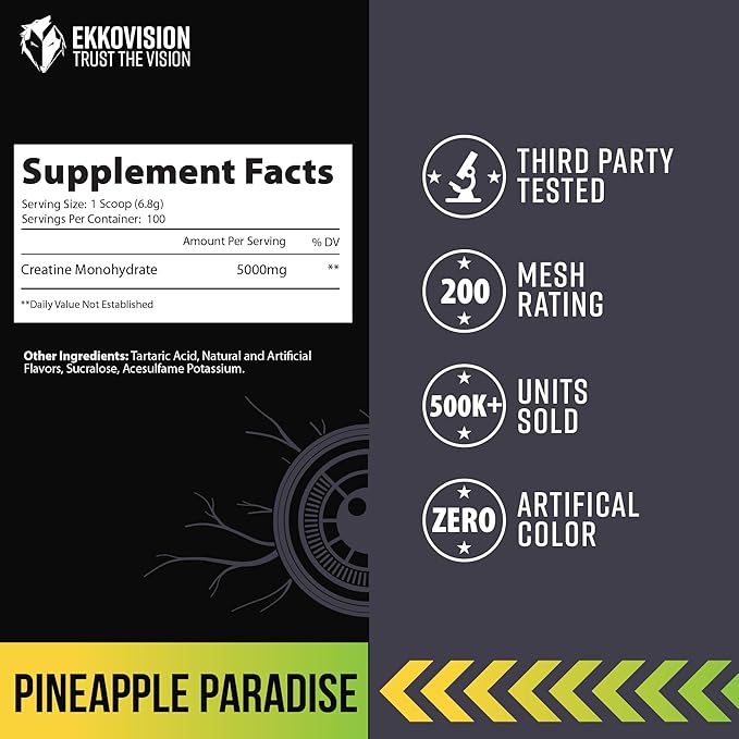 Ekkovision Creatine Monohydrate Powder, Micronized, Pineapple Paradise, Pre Workout & Post Workout Supplement for Men and Women, Energy Support, Easy to Mix in Shakes, Smoothies & Beverages, 100 Srvgs