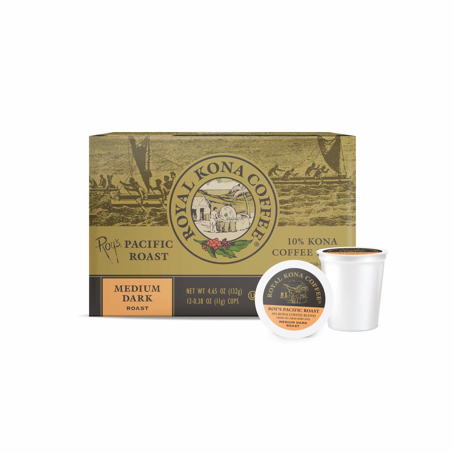 Royal Kona Roy's Pacific Coast, 10% Kona Coffee Blend, Medium-Dark Roast Single-Serve Coffee Pods, Compatible with Pod Brewing Systems, A Taste of Aloha - (12 Count Box)