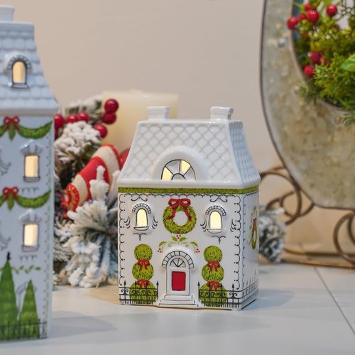 Cynkeyee Christmas House Décor - 6-Inch White Ceramic Village with Lights for Indoor Tabletop Display
