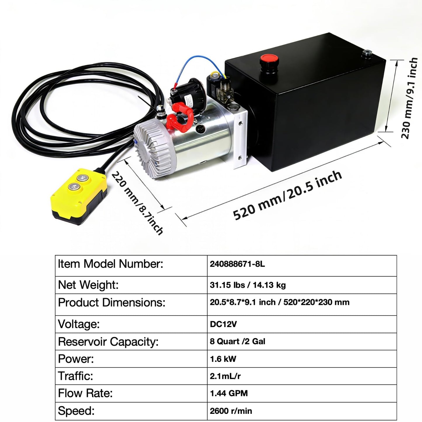 SALMAN Hydraulic Power Unit DC 12V 1.6KW Rotating Speed 2600RPM Pressure 16~20MPa Traffic 2.1 cc/r